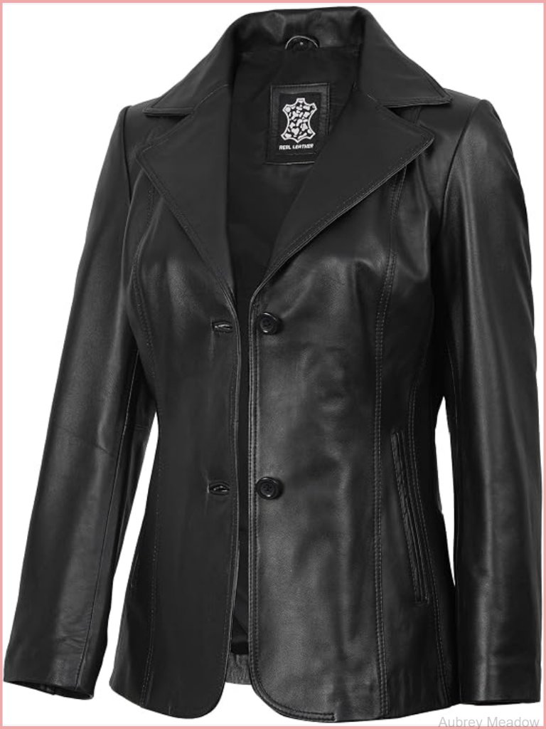 Real Lambskin Leather Blazer Women Notched Lapel 2-Button Long Sleeve Blazer